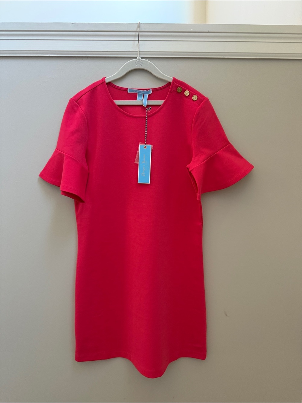 Draper James Bright Pink Ruffle Sleeve Shift Dress with Gold Buttons Sz XS